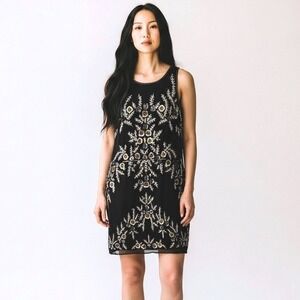 Adrianna Papell Black Beaded Sequin Floral Mini Cocktail Dress Mens Size 6